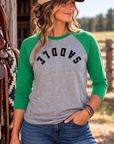 Saddle Baseball Tee in Envy/Premium Heather — female model, front view