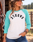 Saddle Baseball Tee in Tahiti Blue/Heather White — female model, front view