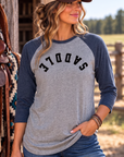 Saddle Baseball Tee in Vintage Navy/Premium Heather — female model, front view