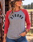 Saddle Baseball Tee in Vintage Red/Premium Heather — female model, front view