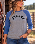 Saddle Baseball Tee in Vintage Royal/Premium Heather — female model, front view