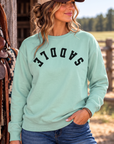 Saddle Crew in Chalky Mint — female model, front view