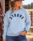 Saddle Crew in Chambray — female model, front view