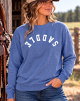 Saddle Crew in Flo Blue — female model, front view