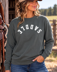 Saddle Crew in Pepper — female model, front view