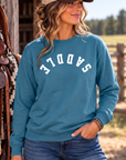 Saddle Crew in Topaz Blue — female model, front view
