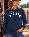 Saddle Crew in True Navy — female model, front view