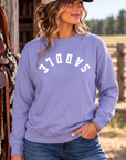 Saddle Crew in Violet — female model, front view