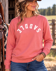 Saddle Crew in Watermelon — female model, front view