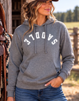 Saddle Hoodie in Gunmetal Heather — female model, front view