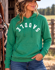 Saddle Hoodie in Kelly Green Heather — female model, front view