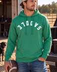 Saddle Hoodie in Kelly Green Heather — male model, front view