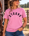 Saddle Tee in Awareness Pink Heather — female model, front view