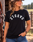 Saddle Tee in Black — female model, front view