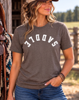 Saddle Tee in Heathered Brown — female model, front view