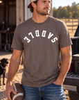 Saddle Tee in Heathered Brown — male model, front view