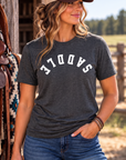Saddle Tee in Heathered Charcoal — female model, front view