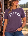 Saddle Tee in Heathered Eggplant — female model, front view
