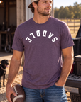 Saddle Tee in Heathered Eggplant — male model, front view