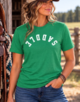 Saddle Tee in Heathered Kelly Green — female model, front view