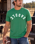 Saddle Tee in Heathered Kelly Green — male model, front view