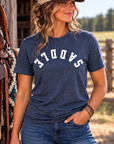 Saddle Tee in Heathered Navy — female model, front view
