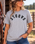 Saddle Tee in Light Heather Grey — female model, front view