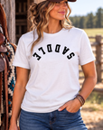 Saddle Tee in White — female model, front view