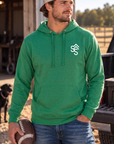 The Brand Hoodie in Kelly Green Heather — male model, front view