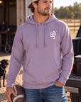 The Brand Hoodie in Plum — male model, front view