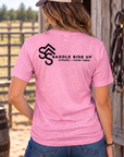 The Brand Tee in Awareness Pink Heather — female model, back view