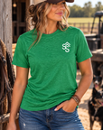 The Brand Tee in Heathered Kelly Green — female model, front view