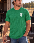 The Brand Tee in Heathered Kelly Green — male model, front view