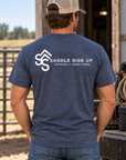 The Brand Tee in Heathered Navy — male model, back view