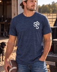 The Brand Tee in Heathered Navy — male model, front view
