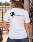 The Brand Tee in White — female model, back view