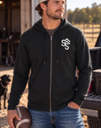 The Branded Zip in Black — male model, front view