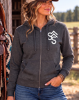 The Branded Zip in Heathered Charcoal — female model, front view