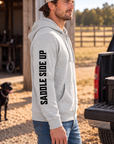 The Branded Zip in Light Heather Grey — male model, side view