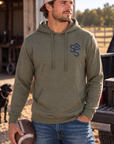 Western Freedom Hoodie in Army Heather — male model, front view