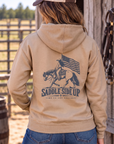 Western Freedom Hoodie in Sandstone — female model, back view