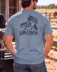 Western Freedom Tee in Flint Blue Heather — male model, back view