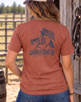 Western Freedom Tee in Heathered Russet — female model, back view