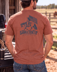Western Freedom Tee in Heathered Russet — male model, back view