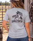 Western Freedom Tee in Light Heather Grey — female model, back view