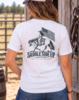 Western Freedom Tee in White — female model, back view