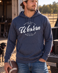 Western Standard Hoodie in Classic Navy Heather — male model, front view