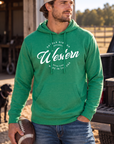 Western Standard Hoodie in Kelly Green Heather — male model, front view
