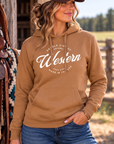 Western Standard Hoodie in Saddle — female model, front view