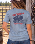 Bison Tee in Flint Blue Heather — female model, back view